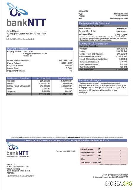 Modèle Word et PDF de relevé hypothécaire NTT de la Banque indonésienne